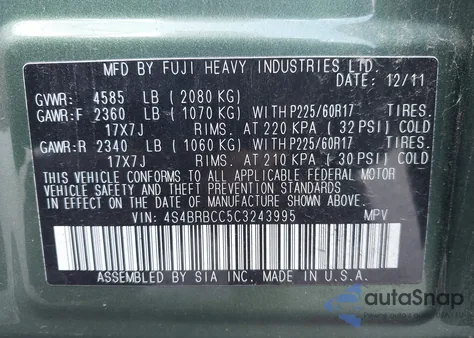 2012 Subaru Outback 2.5I Premium from USA, damaged, VIN 4S4BRBCC5C3243995